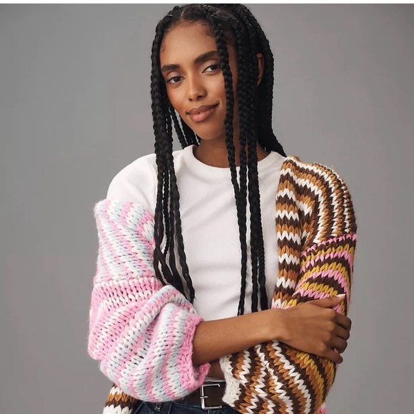 NWT By Anthropologie Cozy Cardigan Sweater ONE SIZE PINK STRIPED open front - Picture 1 of 3